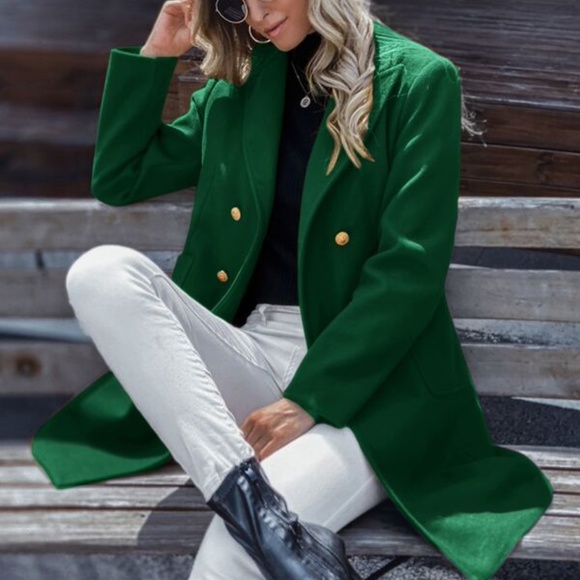 Classic Green button double breast pea coat Jacket - Picture 2 of 7